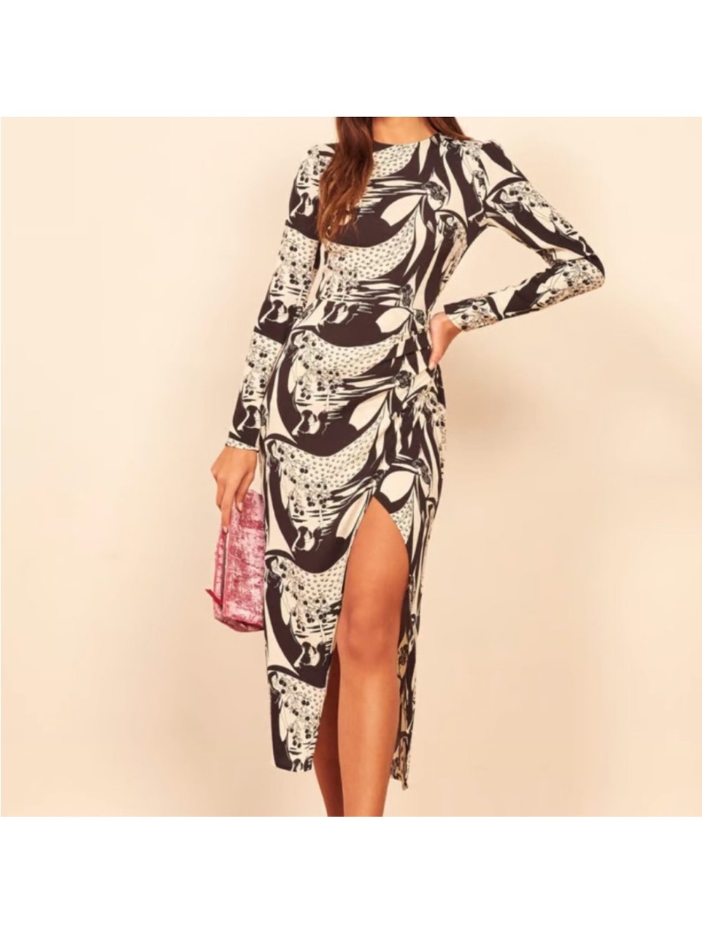 Reformation persephone print - abstract Long Sleeve Midi Dress with Side Slit